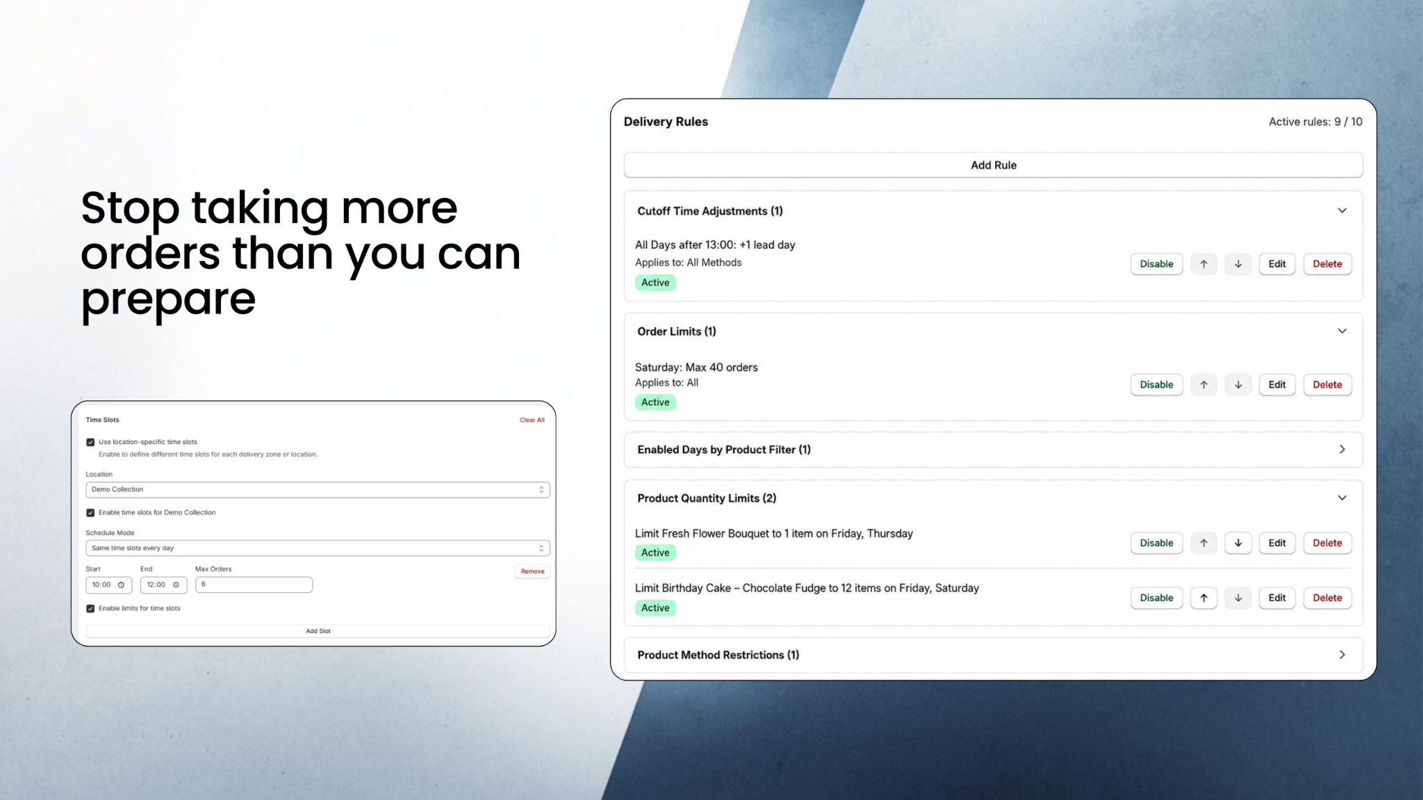 Shopify order product and time slot capacity limits