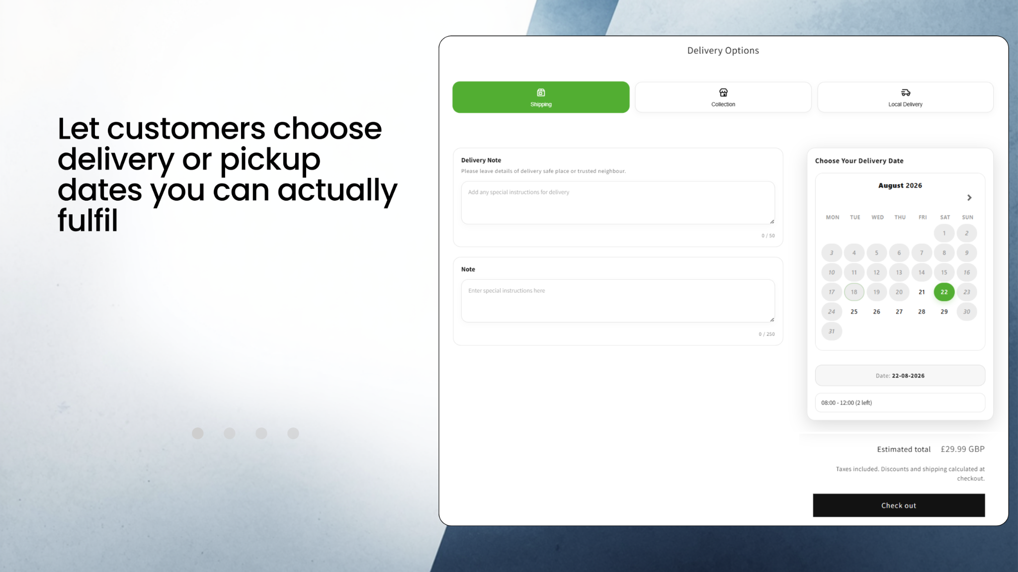 Shopify cart delivery date and pickup time slot selector